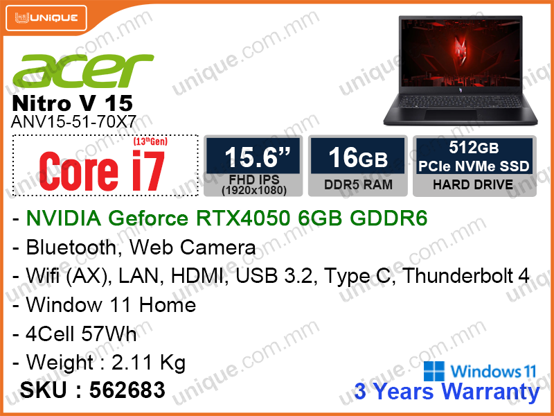 acer Nitro V 15 ANV15-51-70X7 Obsidian Black (Intel Core i7-13620H, 16GB DDR5 (1 slot Free), PCIe M.2 SSD 512GB (1 slot Free), Nvidia Geforce RTX 4050 6GB GDDR6, Window 11, 15.6" FHD IPS (1920x1080), Weight 2.11 Kg)