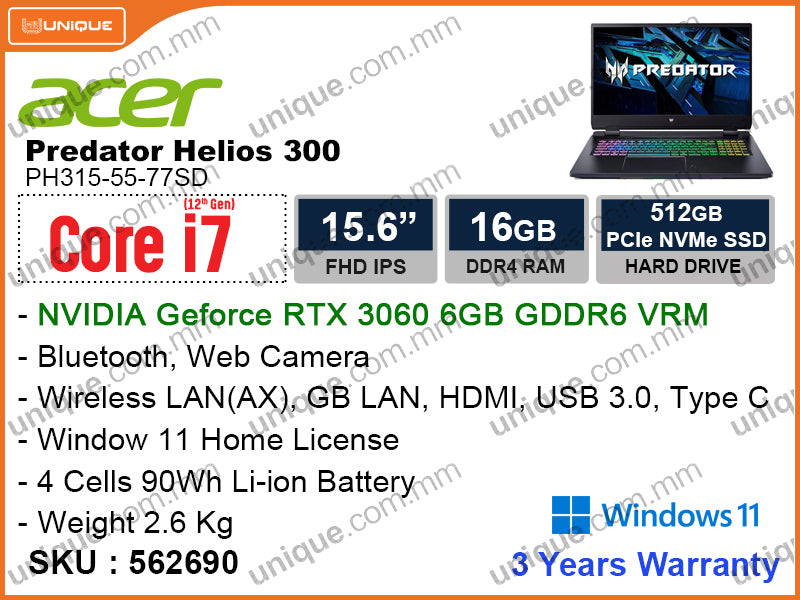 acer Predator Helios 300 PH315-55-77SD Abyssal Black (Intel Core i7-12700H, 16GB DDR4, PCIe M.2 SSD 512GB, NVIDIA Geforce RTX3060 6GB DDR6, Window 11, 15.6" FHD, Weight 2.6 Kg)