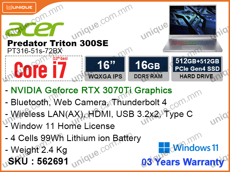 acer Predator Triton 300SE PT316-51s-72BX Sparkly Silver (Intel Core i7-12700H, 16GB DDR5 4800MHz, PCIe M.2 SSD 512GB+SSD 512GB, NVIDIA Geforce RTX3070Ti 8GB DDR6, Window 11, 16" WQXGA IPS, Weight 2.4 Kg)