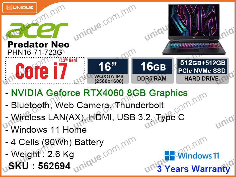 acer Predator Neo PHN16-71-723G Obsidian Black (Intel Core i7-13700HX, 16GB DDR5 4800MHz, PCIe M.2 SSD 1TB (512GB x 2), NVIDIA Geforce RTX4060 8GB GDDR6, Window 11,  16" WQXGA (2560x1600) IPS, Weight 2.6 Kg)