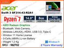 acer Swift 3 SF314-43-R2A1 Pure Silver (AMD Ryzen 7-5700U, 8GB DDR4 4266MHz, PCIe M.2 SSD 512GB, Window 11, 14" FHD, Weight 1.2kg)