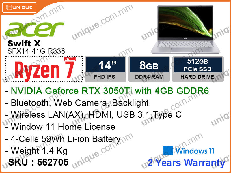 acer Swift X SFX14-41G-R338 Steam Blue (AMD Ryzen7-5700U, 8GB DDR4 4266MHz, PCIe M.2 SSD 512GB, Nvidia Geforce RTX 3050Ti 4GB DDR6, Window 11, 14" FHD, Weight 1.4 Kg)