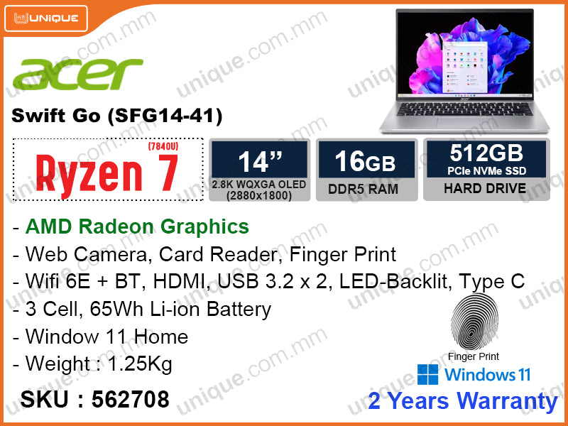 acer Swift Go SFG14-42-R98G Pure Silver (AMD Ryzen7-7840U, 16GB LPDDR5 (no slot), PCIe M.2 SSD 512GB (no slot), Window 11, 14" 2.8K WQXGA 2880x1800, Weight 1.25 Kg)