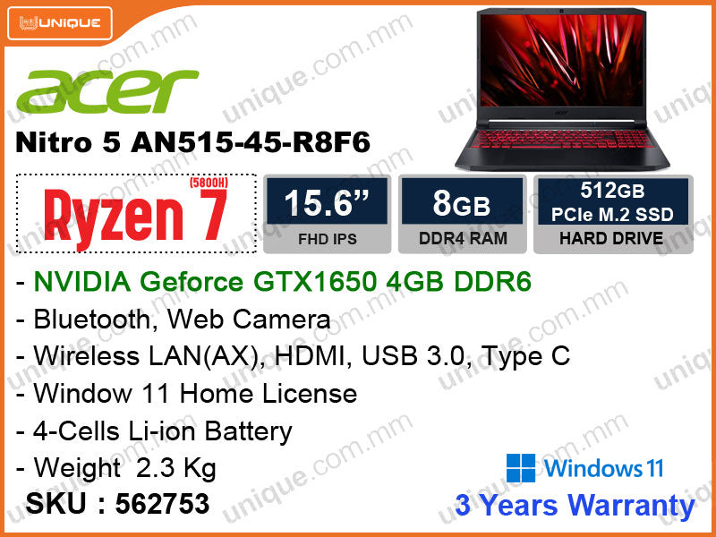 acer Nitro 5 AN515-45-R8F6 Shale Black (AMD Ryzen 7-5800H, 8GB DDR4 3200MHz, PCIe M.2 SSD 512GB, Nvidia Geforce GTX1650 4GB GDDR6, Window 11, 15.6" FHD IPS, Weight 2.6 Kg)