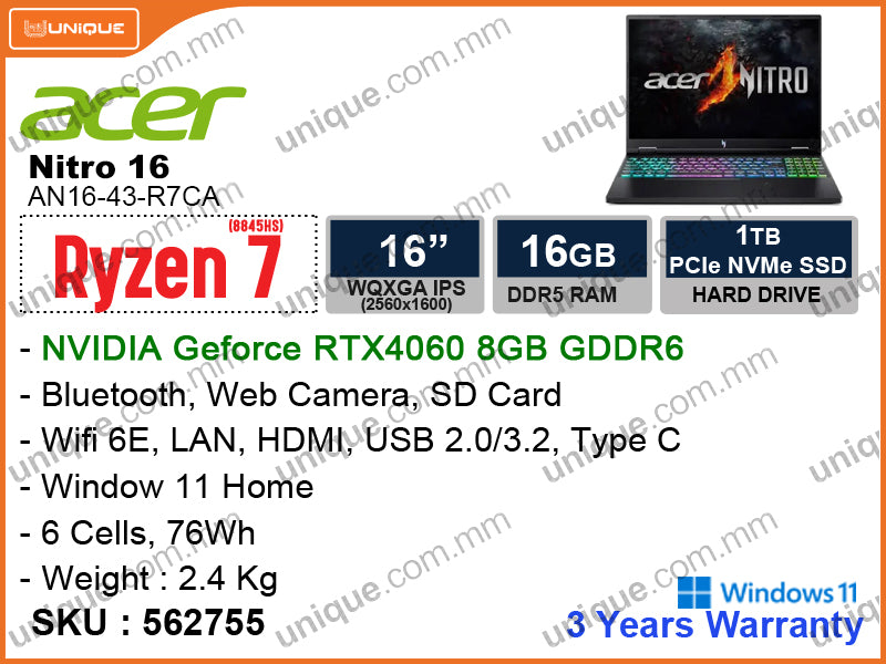 acer Nitro 16 AN16-43-R7CA Obsidian Black (AMD Ryzen 7-8845HS, 16GB DDR5 5600MHz (1 slot free), PCIe M.2 SSD 1TB (1 slot free), NIVDIA Geforce RTX4060 8GB GDDR6, Window 11, 16" WQXGA IPS (2560x1600), Weight 2.4 Kg)