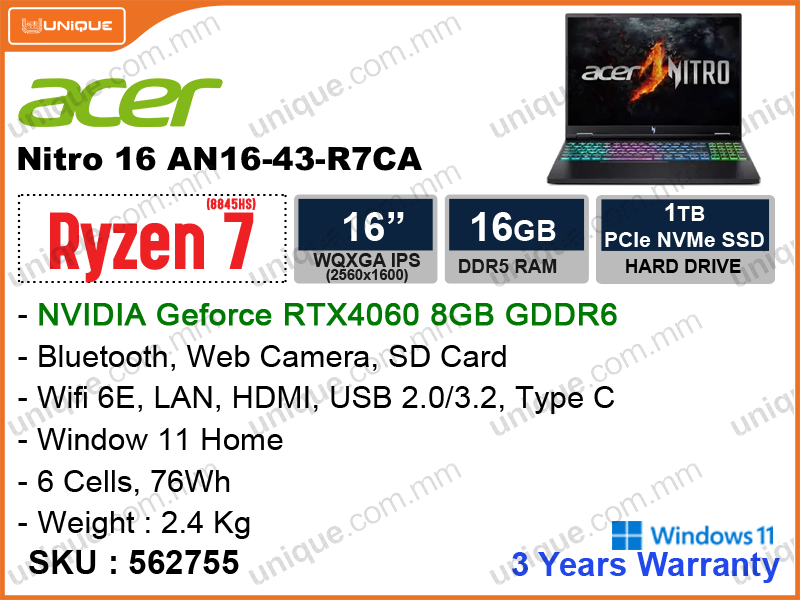 acer Nitro 16 AN16-43-R7CA Obsidian Black (AMD Ryzen 7-8845HS, 16GB DDR5 5600MHz (1 Slot Free), PCIe M.2 SSD 1TB (1 Slot Free), NIVDIA Geforce RTX4060 8GB GDDR6, Window 11, 16" WQXGA IPS (2560x1600), Weight 2.4 Kg)