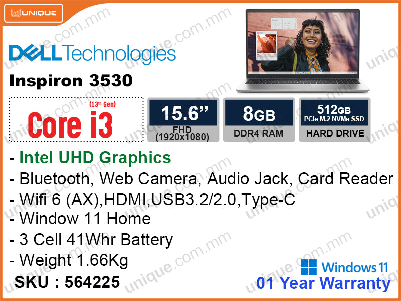 DELL Inspiron 3530 Platinum Silver (Intel Core i3-1305U, 8GB DDR4 2666MHz upto 16GB (1 slot free), PCIe Gen 4 SSD 512GB upto 1TB (2.5" slot free), Window 11, 15.6" FHD (1920x1080), Weight 1.66 Kg)