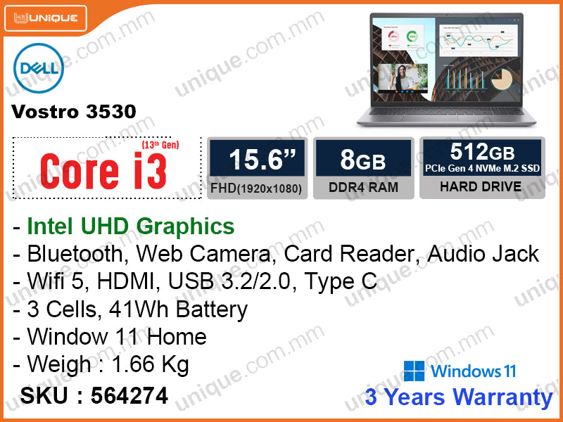 DELL Vostro 3530 Titan Gray ( Intel Core i3-1305U, 8GB DDR4 3200MHz (1 Slot Free), PCIe M.2 SSD 512GB (Upto 2TB), Window 11, 15.6" FHD, Weight 1.66 Kg)