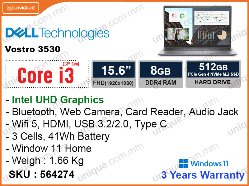 DELL Vostro 3530 Titan Gray (Intel Core i3-1305U, 8GB DDR4 3200MHz (1 slot free), PCIe M.2 SSD 512GB (upto 2TB), Window 11, 15.6" FHD, Weight 1.66 Kg)