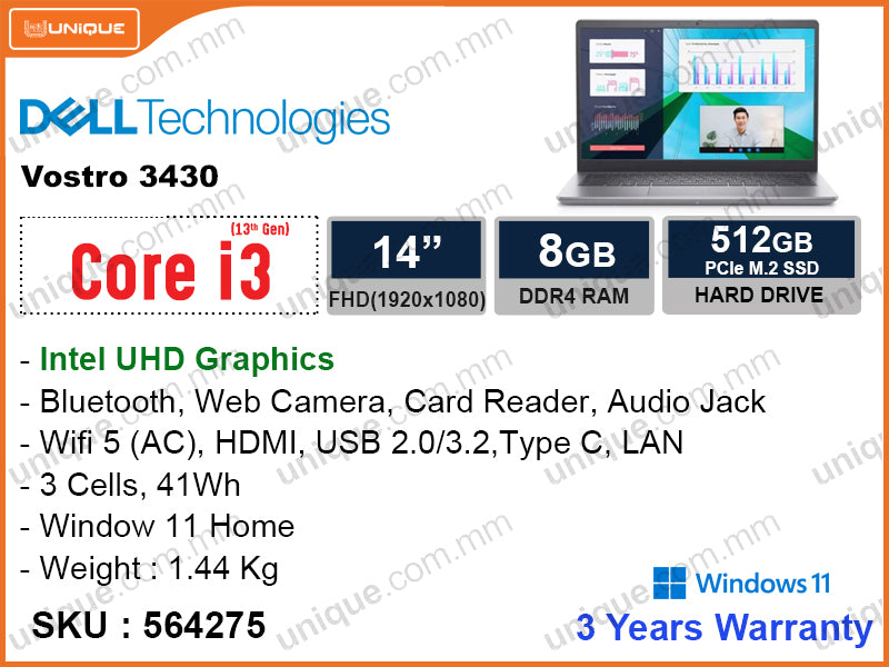 DELL Vostro 3430 Titan Grey (Intel Core i3-1305U, 8GB DDR4 3200MHz (1 slot free, upto 16GB), PCIe M.2 Gen 4 SSD 512GB (upto 2TB), Window 11, 14'' FHD (1920x1080), Weight 1.65 Kg)