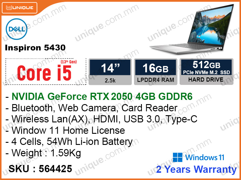 DELL Inspiron 5430 Platinum Silver (Intel Core i5-1340P, 16GB DDR4 3200MHz, PCie M.2 SSD 512GB, Nvidia Geforce RTX 2050 4GB DDR5, Window 11, 14" 2.5K (2560x1600), Weight 1.78 Kg)