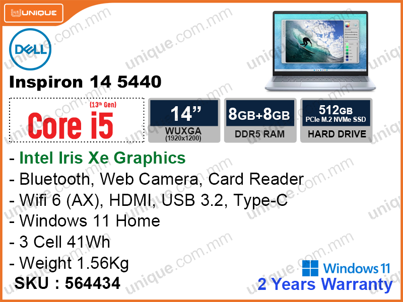 Dell Inspiron 14 5440 Ice Blue (Intel Core i5-1334U, 16GB DDR5 5600MHz (8GBx2, upto 32GB), PCIe M.2 SSD 512GB (upto 1TB), Window 11, 14'' WUXGA (1920x1200), Weight 1.63 Kg)