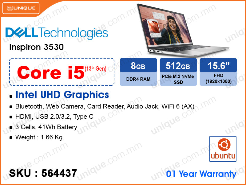 DELL Inspiron 3530 Platinum Silver (Intel Core i5-1334U, 8GB DDR4 3200MHz (1 slot free, up to 16GB), PCIe M.2 SSD 512GB (SATA slot free up to 1TB), 15.6" FHD (1920x1080), Weight 1.66 Kg)