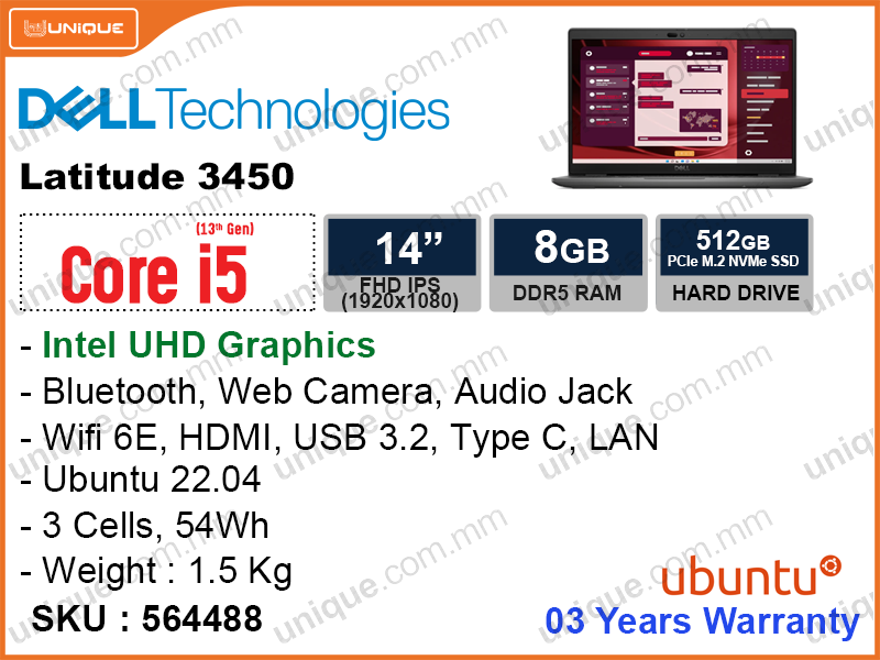 Dell Latitude 3450 Soft Charcoal (Intel Core i5-1335U, 8GB DDR4 3200MHz (1 slot free, up to 64GB), PCle M.2 SSD 512GB (up to 1TB), Ubuntu, 14" FHD (1920x1080) IPS, Weight 1.52 Kg)