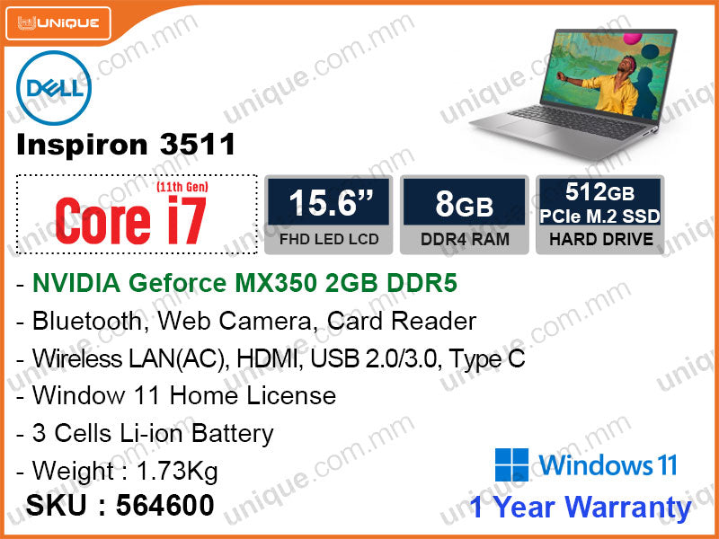 DELL Inspiron 3511 Platinum Silver (Intel Core i7-1165G7, 8GB DDR4, PCIe M.2 SSD 512GB, Window 11, Nvidia Getorce MX350 2GB DDR5, 15.6" FHD, Weight 1.73 Kg)