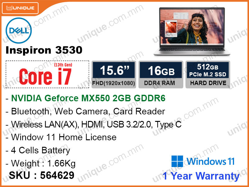 Dell Inspiron 3530 Platinum Silver (Intel Core i7 1355U, 16GB DDR4 3200MHz, PCIe M.2 SSD 512GB, Nvidia Geforce MX550 2GB DDR6, Window 11, 15.6" FHD 1920x1080, Weight 1.66 Kg)