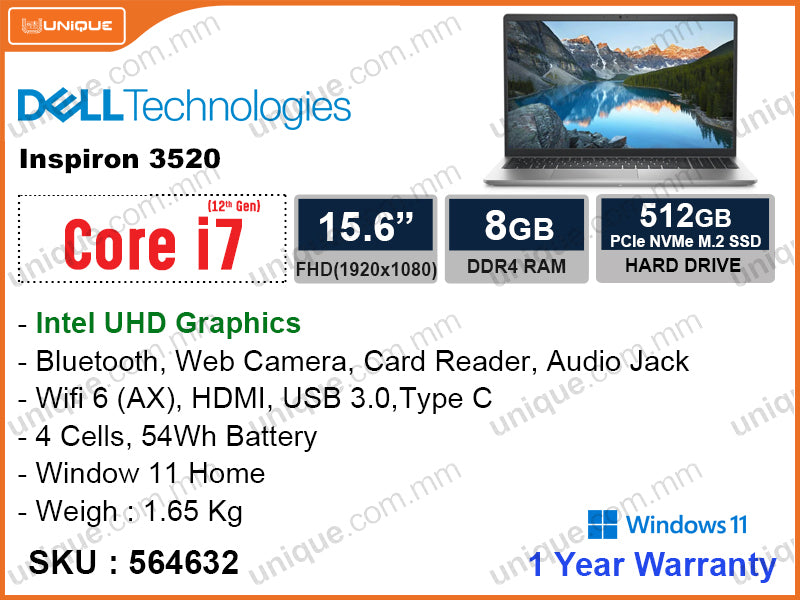 DELL Inspiron 3520 Platinum Silver (Intel Core i7-1255U, 8GB DDR4 3200MHz (1 slot free), PCIe M.2 SSD 512GB (upgradable), Window 11, 15.6" FHD (1920x1080), Weight 1.65 Kg)