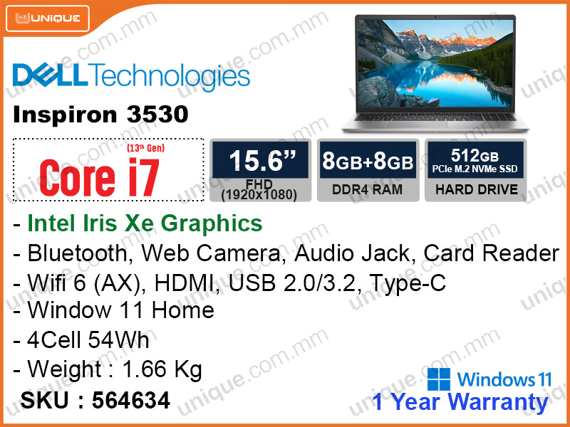 DELL Inspiron 3530 Platinum Silver (Intel Core i7-1355U, 16GB DDR4 2666MHz (8GBx2), PCIe M.2 SSD 512GB (upto 1TB), Window 11 , 15.6" FHD (1920x1080), Weight 1.66 Kg)