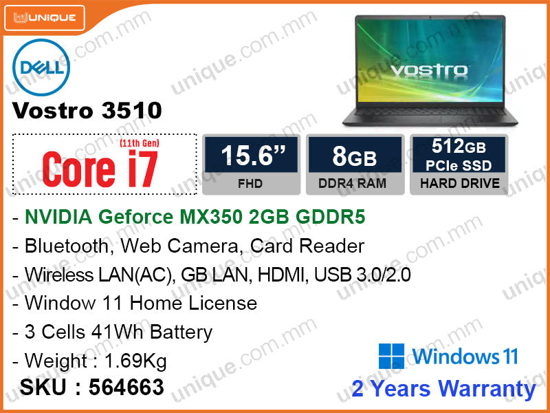 DELL Vostro V3510 (Intel Core i7-1165G7, 8GB DDR4 3200MHz, PCIe M.2 SSD 512GB, Nvidia Geforce MX350 2GB DDR5, Window 11, 15.6" FHD (1920x1080), Weight 1.69 Kg)
