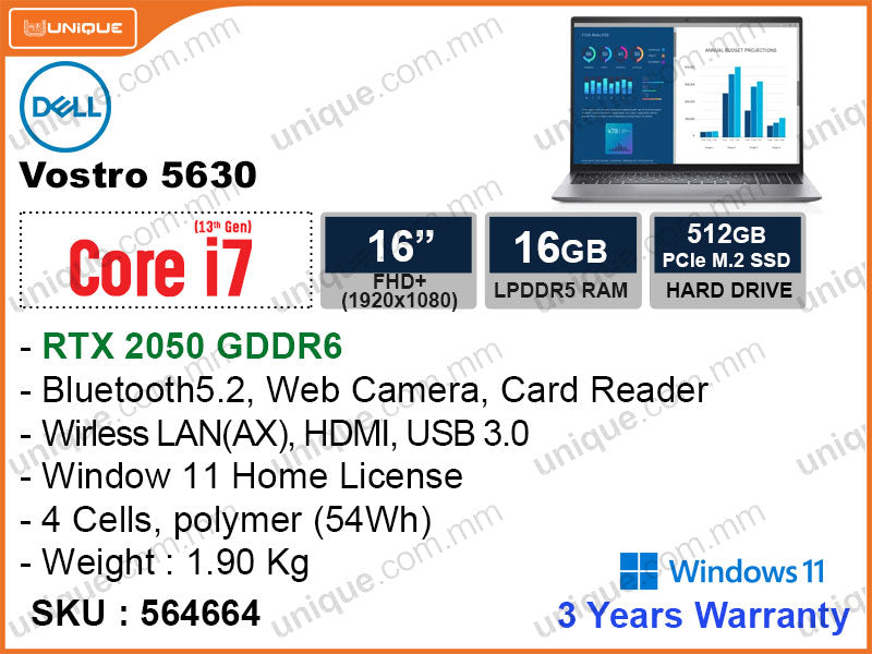 Dell Vostro 5630 Titan Grey (Intel Core i7-1360P, 16GB DDR5 4800MHz, PCIe M.2 SSD 512GB, Nvidia Geforce RTX2050 4GB DDR6, Window 11, 16" FHD+ 1920x1200, Weight 1.9 Kg)