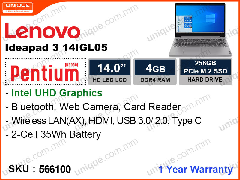 Lenovo IdeaPad 3 14IGL05 81WH008NVN Platinum Gray (Intel Pentium-N5030, 4GB DDR4, PCIe SSD 256GB, 14"HD (1366x768)