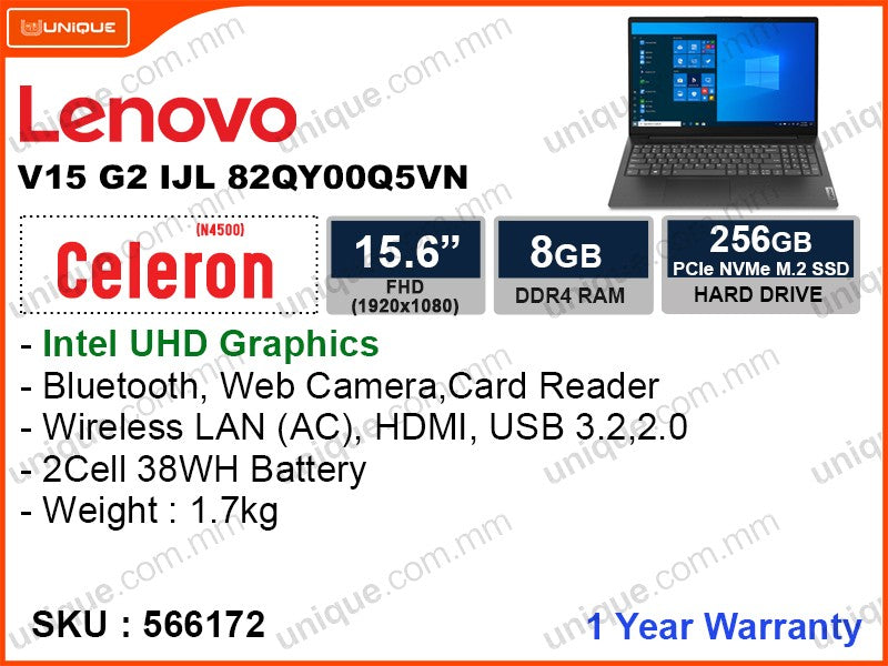 Lenovo V15 G2 IJL 82QY00Q5VN Black Texture (Celeron N450, 8GB DDR4 2933MHz, PCIe M2 SSD 256GB, 15.6" FHD 1920x1080, Weight 1.7kg)