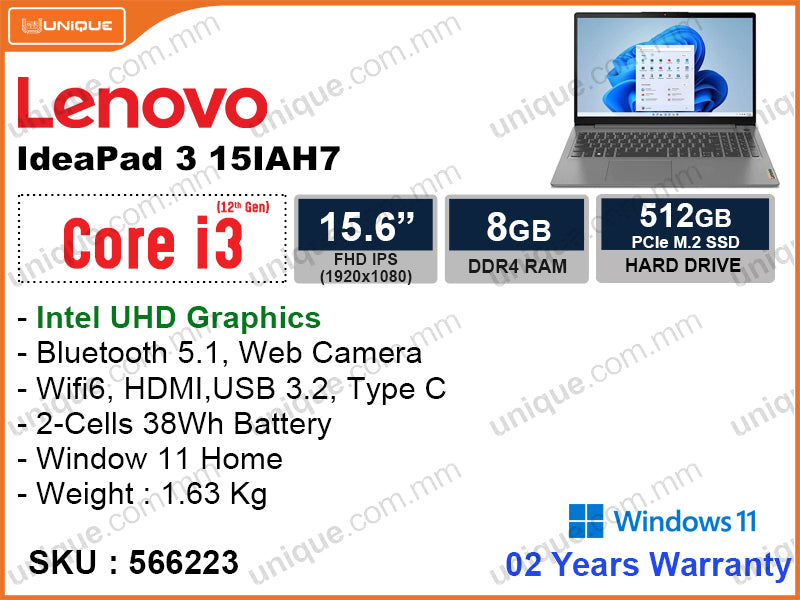 Lenovo Ideapad 3 15IAU7 82RK00WLFQ Arctic Gray (Intel Core i3-1215U, 8GB DDR4 3200MHz (1 slot free) , PCIe M.2 SSD 512GB (HDD slot free), Window 11, 15.6" FHD 1920x1080, Weight 1.63 Kg)