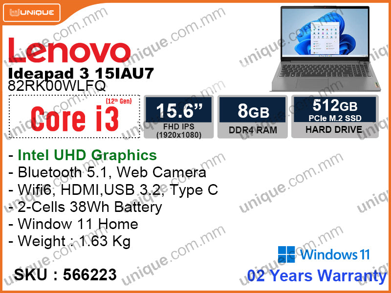 Lenovo Ideapad 3 15IAU7 82RK00WLFQ Arctic Gray (Intel Core i3-1215U, 8GB DDR4 3200MHz (1 slot free) , PCIe M.2 SSD 512GB (HDD slot free), Window 11, 15.6" FHD (1920x1080), Weight 1.63 Kg)