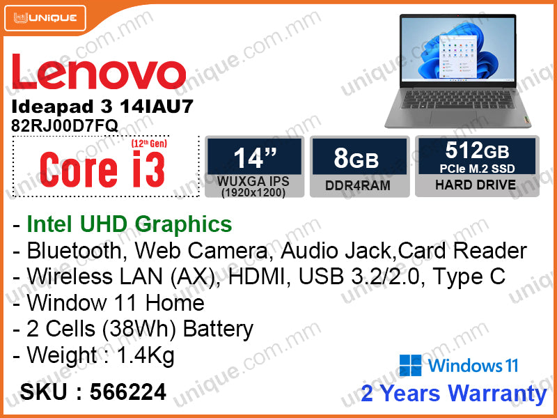 Lenovo Ideapad 3 14IAU7 82RJ00D7FQ Arctic Gray (Intel Core i3-1215U, 8GB DDR4 3200MHz (1 slot free), PCIe M.2 SSD 512GB, Window 11, 14" FHD 1920x1080, Weight 1.4 Kg)