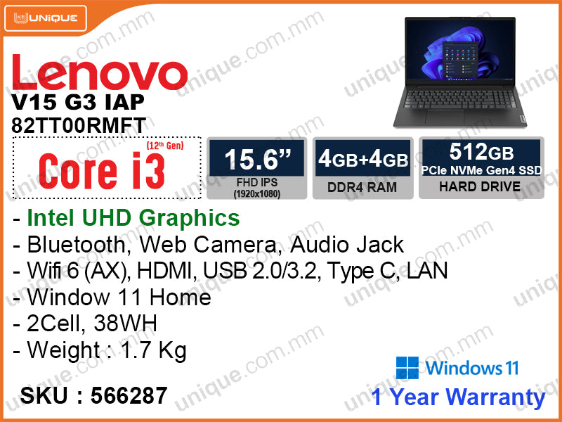 Lenovo V15 G3 IAP 82TT00RMFT Business Black (Intel Core i3-1215U, 8GB DDR4 3200MHz (4GB Onboard + 4GB, upto 12GB), PCIe M.2 SSD 512GB, Window 11, 15.6" FHD (1920x1080) IPS , Weight 1.7Kg)