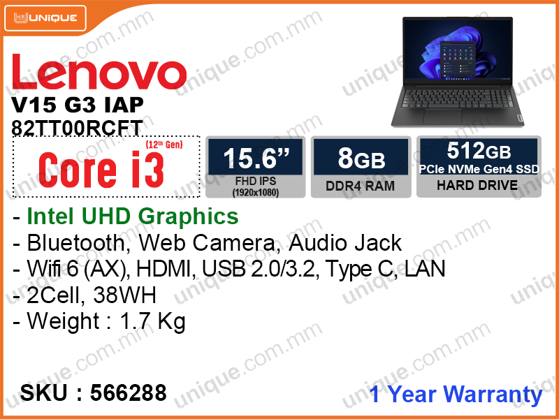 Lenovo V15 G3 IAP 82TT00RCFT Business Black (Intel Core i3-1215U, 8GB DDR4 3200MHz (1 slot free, upto 16GB), PCIe M2 SSD 512GB, 15.6" FHD IPS (1920x1080), Weight 1.7 Kg)