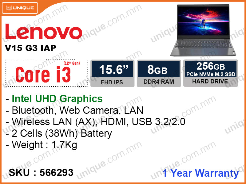 Lenovo V15 G3 IAP 82TT0074FT Black Texture (Intel Core i3-1215U, 8GB DDR4 3200MHz, PCIe M2 SSD 256GB, 15.6" FHD 1920x1080, 1.7 Kg)