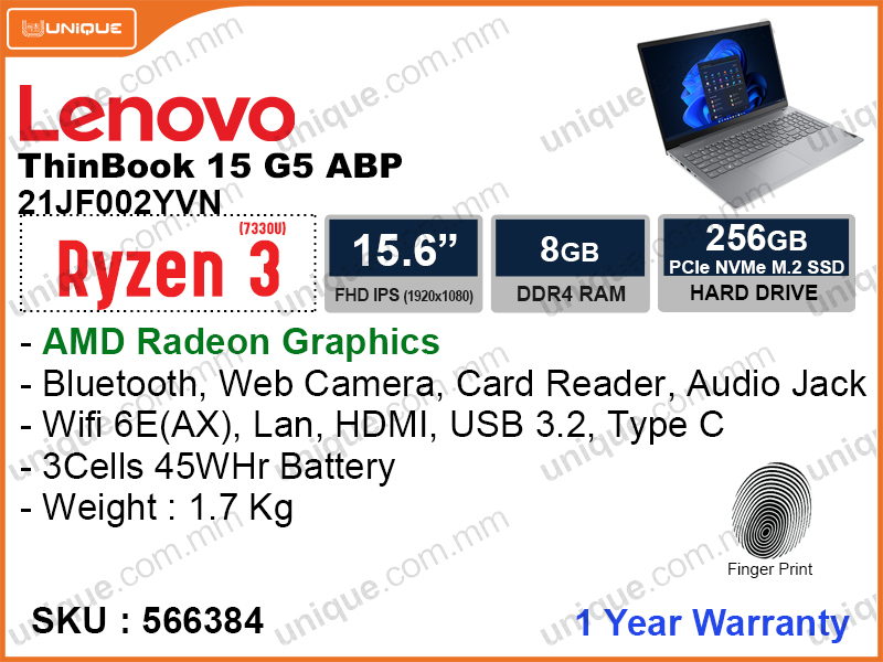 Lenovo Thinkbook 15 G5 ABP 21JF002YVN Mineral Gray (AMD Ryzen3-7330U, 8GB DDR4 3200MHz (1 slot free), PCIe M.2 SSD 256GB, 15.6" FHD 1920x1080, Weight 1.7 Kg)