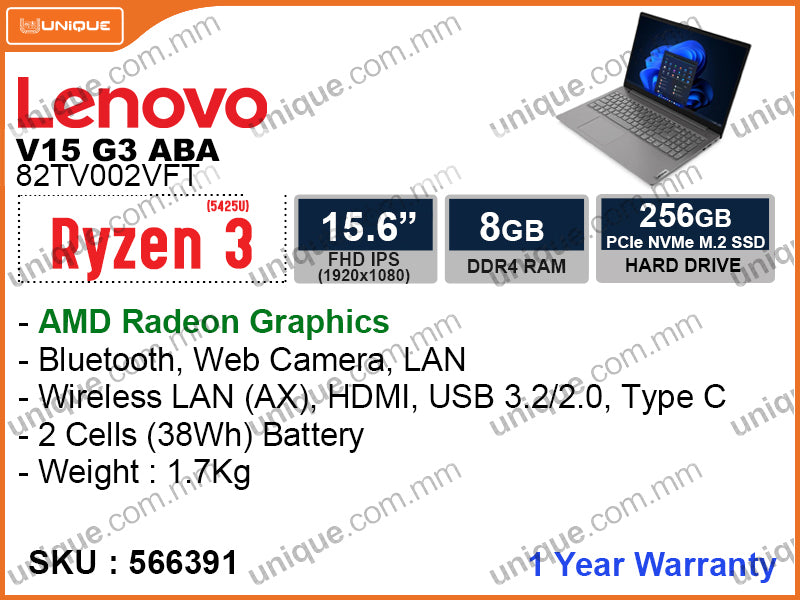 Lenovo V15 G3 ABA 82TV002VFT Iron Grey (AMD Ryzen3-5425U, 8GB DDR4 3200MHz (4GB x 2), PCIe M2 SSD 256GB, 15.6" FHD (1920x1080), Weight 1.7 Kg)