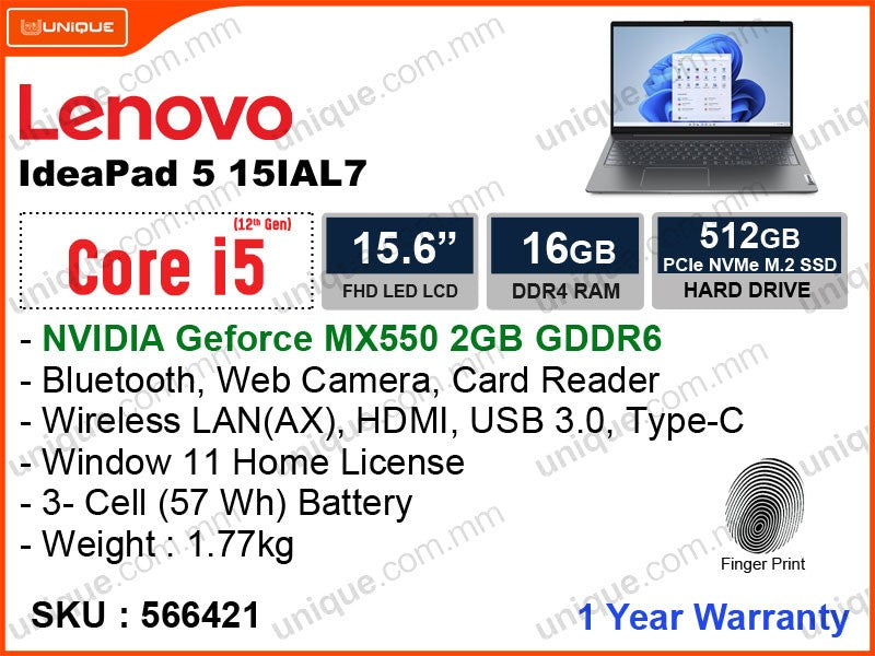 Lenovo Ideapad 5 15IAL7 82SF00G9FQ Storm Grey ( Intel Core i5 1235U , 16GB DDR4 3200MHz , PCIe M2 SSD 512GB , Nvidia Geforce MX550 2GB DDR6 ,  Window 11 , 15.6"FHD 1920x1080 )