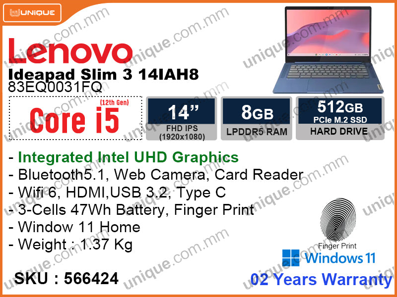 Lenovo Ideapad Slim 3 14IAH8 83EQ0031FQ Abyss Blue (Intel Core i5-1245H, 8GB DDR5 4800MHz, PCIe M.2 SSD 512GB, Window 11, 14" FHD (1920x1080), Weight 1.37 Kg)