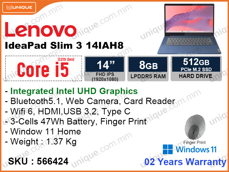 Lenovo Ideapad Slim 3 14IAH8 83EQ0031FQ Abyss Blue (Intel Core i5-1245H, 8GB DDR5 4800MHz, PCIe M.2 SSD 512GB, Window 11, 14" FHD 1920x1080, Weight 1.37 Kg)