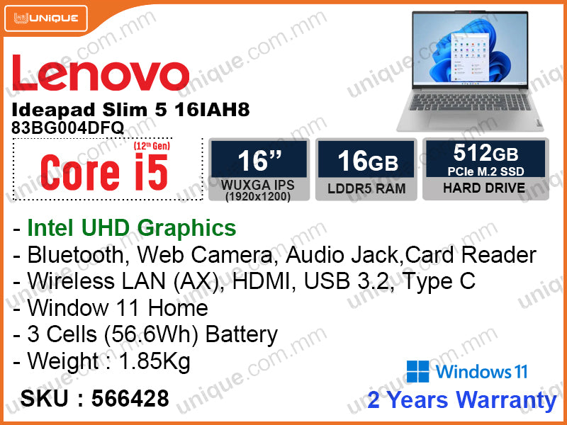 Lenovo Ideapad Slim 5 16IAH8 83BG004DFQ Cloud Grey (Intel Core i5-12450H, 16GB DDR5 4800MHz, PCIe M.2 SSD 512GB, Window 11, 16" WUXGA 1920x1200, Weight 1.85 Kg)