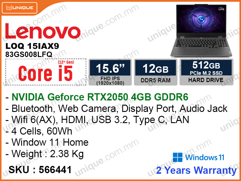 Lenovo LOQ 15IAX9 83GS008LFQ Luna Grey ( Intel Core i5-12450HX, 12GB DDR5 4800MHz (1 slot free) , PCIe M.2 SSD 512GB, Nvidia Geforce RTX 2050 4GB GDDR6, Window 11, 15.6" FHD (1920x1080), Weight 2.38 Kg)