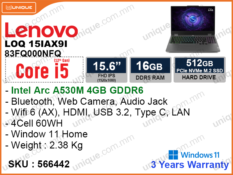 Lenovo LOQ 15IAX9I 83FQ000NFQ Luna Grey (Intel Core i5-12450HX, 16GB DDR5 4800MHz (1 slot free) , PCIe M.2 SSD 512GB, Intel Arc A530M 4GB GDDR6, Window 11, 15.6" FHD (1920x1080), Weight 2.38 Kg)