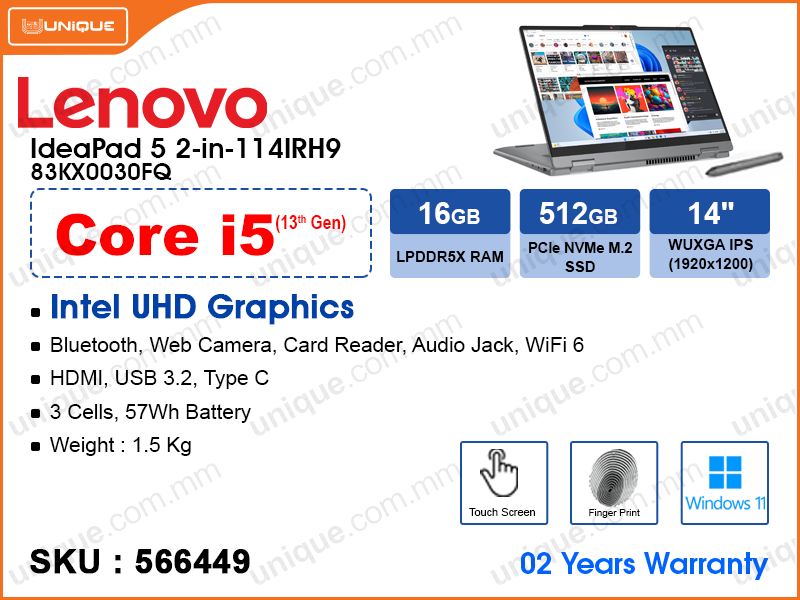Lenovo IdeaPad 5 2 in 1 14IRH9 83KX0030FQ Luna Grey (Intel Core i5-13420H, 16GB LPDDR5x 5200MHz (not upgradeable), PCIe M.2 SSD 512GB (up to 1TB), Window 11, 14" WUXGA (1920x1200) IPS Touch Screen With Pen & Finger Print, Weight 1.6 Kg)