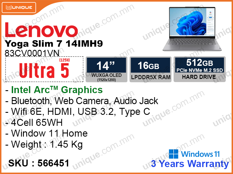 Lenovo Yoga Slim 7 14IMH9 83CV0001VN Luna Grey  (Intel Core Ultra 5-125H, 16GB LPDDR5X 7467MHz (not upgradeable), PCIe M.2 Gen 4 SSD 512GB (upto 1TB), Window 11, 14" WUXGA (1920x1200) OLED, Weight 1.45 Kg)