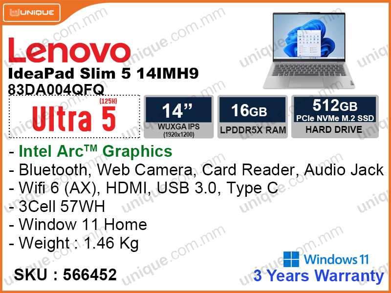 Lenovo IdeaPad Slim 5 14IMH9 83DA004QFQ Cloud Grey (Intel Core Ultra 5-125H, 16GB LPDDR5X 7467MHz (not upgradeable), PCIe M.2 SSD 512GB (upto 1TB M.2 SSD), Window 11, 14" WUXGA (1920x1200) IPS, Weight 1.46 Kg)