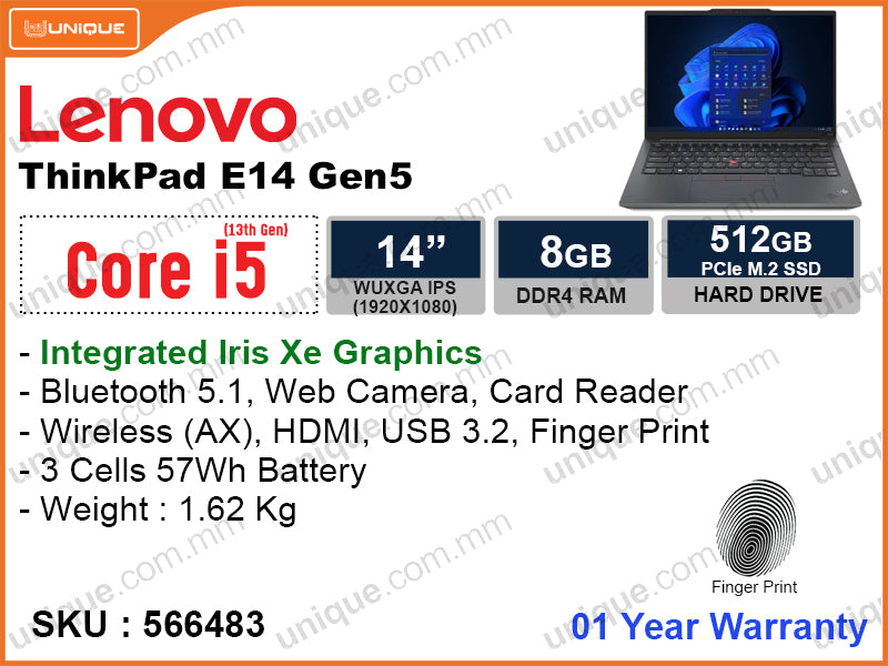 Lenovo Thinkpad E14 Gen 5 21JK003EFQ Black (Intel Core i5-1335U ,  8GB DDR4 3200MHz (1 slot free), PCIe M.2 SSD 512GB, 14" WUXGA 1920x1200, Weight 1.62 Kg)