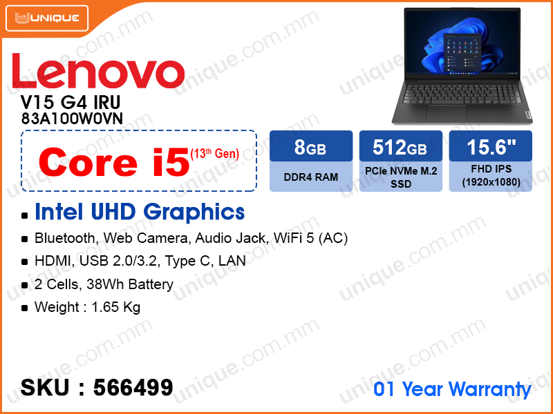 Lenovo V15 G4 IRU 83A100W0VN Iron Grey (Intel Core i5-13420H, 8GB DDR4 3200MHz (1 slot free, up to 16GB), PCIe M.2 SSD 512GB, 15.6'' FHD (1920x1080), Weight 1.65 Kg)