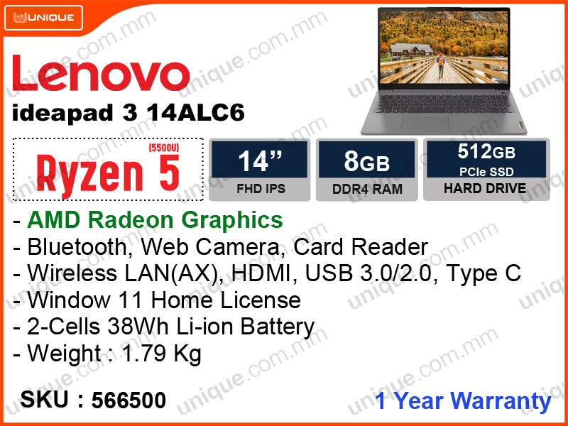 Lenovo Ideapad 3 14ALC6 82KT00WFFQ Arctic Grey (AMD Ryzen 5 5500U, 8GB DDR4 3200MHz(4GBx2), PCIe M.2 SSD 512GB, Window 11, 14" FHD 1920x1080, Weight 1.79 Kg)