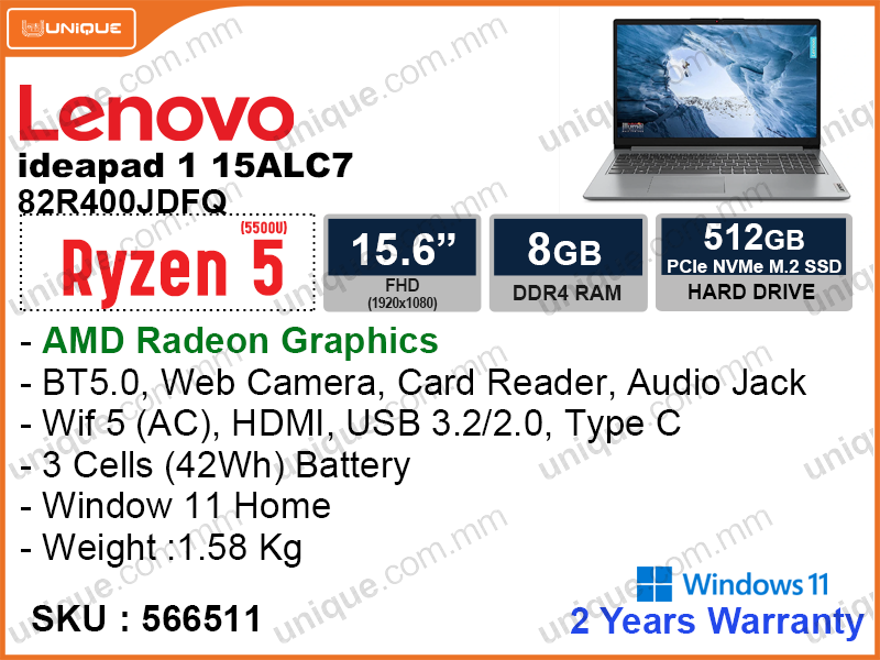 Lenovo Ideapad 1 15ALC7 82R400JDFQ Sand (AMD Ryzen5 5500U, 8GB DDR4 3200MHz (1 slot free), PCIe M.2 SSD 512GB, Window 11, 15.6" FHD 1920x1080, Weight 1.58 Kg)