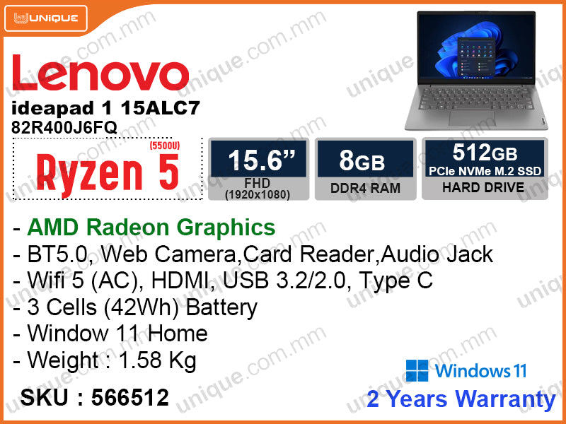Ideapad 1 15ALC7 82R400J6FQ Cloud Grey (AMD Ryzen5 5500U, 8GB DDR4 3200MHz (1 slot free), PCIe M.2 SSD 512GB, Window 11, 15.6" FHD 1920x1080, Weight 1.58 Kg)