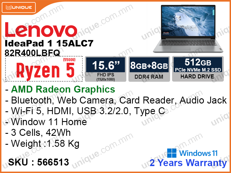 Lenovo IdeaPad 1 15ALC7 82R400LBFQ Cloud Grey (AMD Ryzen 5-5500U, 16GB DDR 3200MHz (8GB+8GB), PCIe M.2 SSD 512GB (upto 1TB PCIe M.2 SSD), Window 11, 15.6'' FHD (1920x1080) IPS, Weight 1.58 Kg)