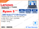 Lenovo IdeaPad Slim 3 15AMN8 82XQ00W3VN Abyss Blue(AMD Ryzen 5-7520U, 16GB LPDDR5 5500MHz (not upgradable), 512GB M.2 2242 PCIe Gen 4 SSD (No slot free, up to 1TB), Window 11, 15.6" FHD (1920x1080) IPS, Weight 1.62 Kg)